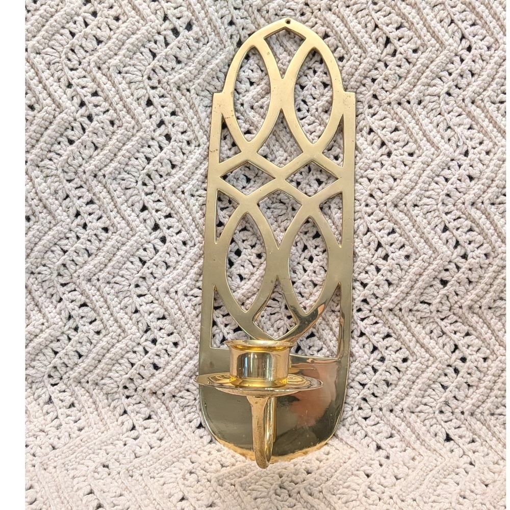 Vintage Solid Brass Wall Sconce Candle Holder Geometric Openwork Lattice Gold